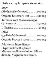 Text listing the ingredients including MSM, Methylsulfonylmethane, Organic Rosemary Leaf, Turmeric root, Curcuma longa, L-Taurine, Dim, Dinndolylmethane, Organic Broccoli Sprout