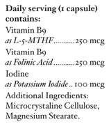 Text describing the ingredients including, Vitamin b9, l-5-mthr. Folinic acid, iodine, Potassium iodide