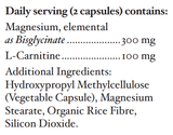 Text listing the ingredients including Magnesium bisglycinate, L-Carnitine.