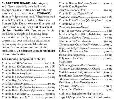 Text listing the ingredients including Vitamin a, Beta-Carotene, Retinyl Acetate, Vitamin B1, Thiamine HCL, Riboflavin, Vitamin B2, Niacinamide, Vitamin b3, Pantothenic Acid, Calcium Pantothenate, Vitamin B5, Vitamin B6, Pyridoxine HCL, Pyridoxal 5 Phosphate, Vitamin b7, Biotin, Vitamin b9, 5-mthf, vitamin b12, Vitamin C, Methylcobalamin, Magnesium Ascorbate, Ascorbic Acid, Vitamin D3, Cholecalciferol, Vitamin E, Mixed d-Alpha Tocopherol, Vitamin K2, MK7, Natto, Boron, Boroganic glycine, TMG