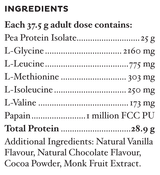 Text listing the ingredients including, Pea Protein isolate, L-Glycine, L-Leucine, L-Methionine, L-Isoleucine, L-Valine, Papain