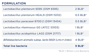 Text describing the ingredients which are Lactobacillus plantarum 6595  DSM 6595, Lactobacillus plantarum DSM 15312,  Lactobacillus paracasei 8700:2 DSM 13434, Lactobacillus rhamnosus GG ATCC 53103, Lactobacillus acidophilus LA02 DSM 21717, Bifidobacterium animals subsp. lactis BS01 LMG p-21384