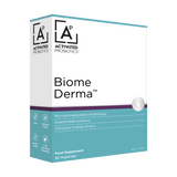 Blue and white box of probiotics called Biome Derma