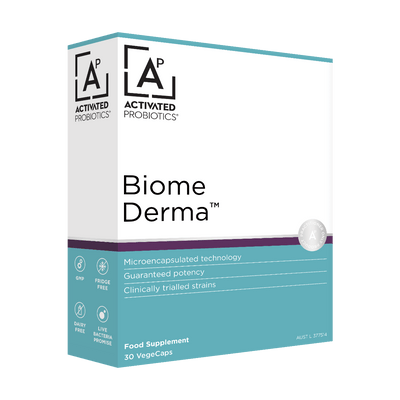 Blue and white box of probiotics called Biome Derma