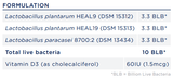 Text describing the ingredients for a probiotic called Biome Osteo. Ingredients include Lactobacillus plantarum HEAL9 (DSM 15312), Lactobacillus plantarum HEAL19 (DSM 15313), Lactobacillus paracasei 8700:2 (DSM 13434) and Vitamin D3 (as cholecalciferol)