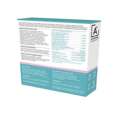 The back of box of probiotics called Biome Prenatal+ it lists the ingredients and instructions on how to use it.