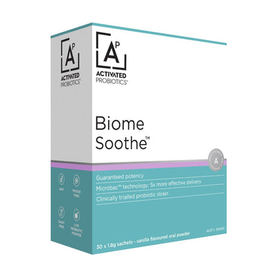 A box of probiotics called Biome Soothe, white and blue box.