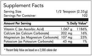 Text listing the ingredients which includes Vitamin C (as Ascorbic Acid), Calcium (as Calcium Carbonate), Magnesium (As Magnesium Carbonate), Potassium (as Potassium Carbonate)