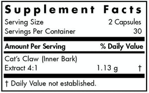 Text listing the ingredients which is Cat's Claw (Inner Bark) 4:1