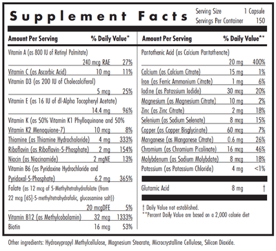 Text describing the ingredients including, Vitamin A, Vitamin C, Vitamin D3, Vitamin E, Vitamin K, Vitamin K2, Thiamine, Riboflavin, Niacin, Vitamin B6, Folate, Vitamin B12, Biotin, Panothenic acid, Calcium, Iron, Iodine, Magnesium, Zinc, Selenium, Copper, Maganese, Chromium, Molybdenum, Potassium, Glutamic Acid
