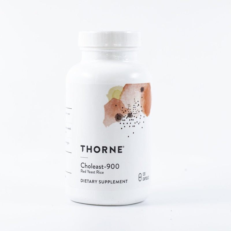 A supplement bottle with the label Thorne Choleast-900
