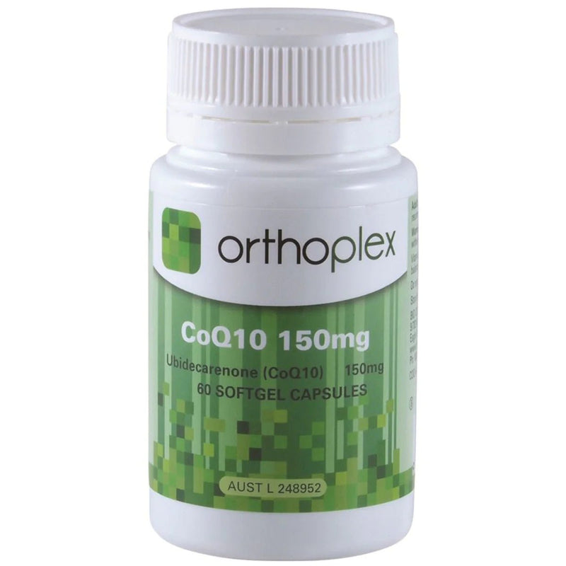 An image of a supplement bottle called Orthoplex CoQ10 150mg