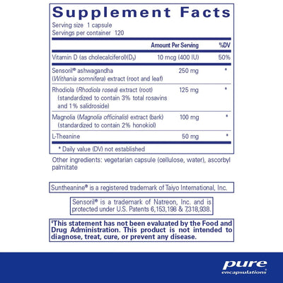 Text listing the ingredients including Vitamin D, Cholecalciferol, d3, Rhodiola, Magnolia, L-theanine