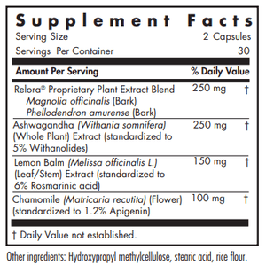 Text describing the ingredients which includes Relora Proprietary Plant Extract, Ashwagandha, Lemon Balm, Chamomile