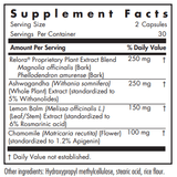 Text describing the ingredients which includes Relora Proprietary Plant Extract, Ashwagandha, Lemon Balm, Chamomile