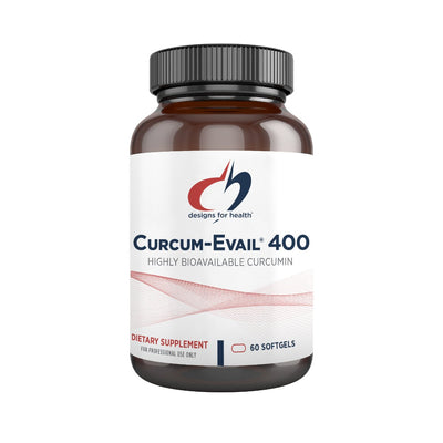 WHite supplement bottle that says designs for health curcum evail 400 highly bioavailable curcumin dietary supplement 60 softgels 