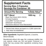 An image of text listing the ingredients including Black tea, EGCG, NAC, N-acetyl cysteine, Curcuwin, Tumeric, Deltagold Tocotrienols, Resveratrol, trans-resveratrol