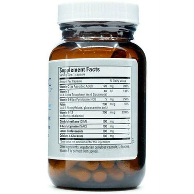 The back of the bottle of Dim listing the ingredients including Vitamin C, Ascorbic acid, Vitamin E, Alpha Tocopheryl Acid Succinate, Vitamin b6, Pyridoxine HCI, Folate, l-5-Methylfolate, Vitamin b12, Methylcobalamin, Dim, NAC, N-acetlycystine, Lemon bioflavonoids, calcium d-glucarate.