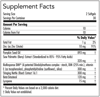 Text describing the ingredients which includes Zinc, Pumpkin seed oil, Saw Palmetto, BioResponse DIM, Stinging Nettle, Beta-Sitosterol, and Lycopene