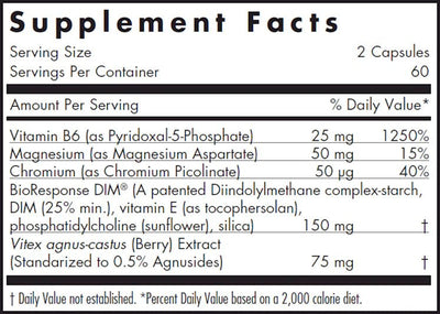 Text listing the ingredients including VItamin b6, pyridoxal 5 phosphate, magnesium aspartate, chromium picolinate, Bioresponse Dim, Diindolymethane, vitamin e, tocophersolan, phosphatidylcholine, sunflower, vitex agnus-castus, agnusides.