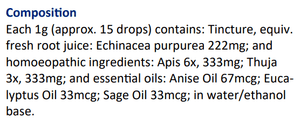 Text listing the ingredients including, Tincture, Echinacea purpurea, Apis 6x, Thuja 3x, Anise oil, Eucalyptus Oil, Sage oil in water/ethanol base.