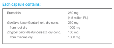 Text listing the ingredients including Bromelain, Gentiana lutea, Gentian, Zingiber officinale, Ginger.