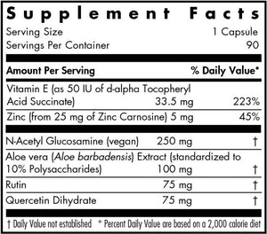 Text listing the ingredients which include Vitamin E, Zinc Carnosine, N-Acetyl Glucosamine, Aloe vera extract, Rutin, Quercetin Dihydrate