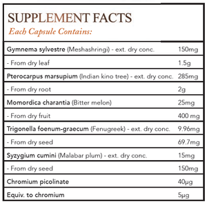 Text listing the ingredients including Gymnema sylvestre, Meshashringi, Pterocrapus marsupium, Indian Kino tree, Momordica charantia, Bitter Melon, Trigonella foenum-graecum, Fenugreek, Syzygium Cumini, Malabar plum, Chromium picolinate