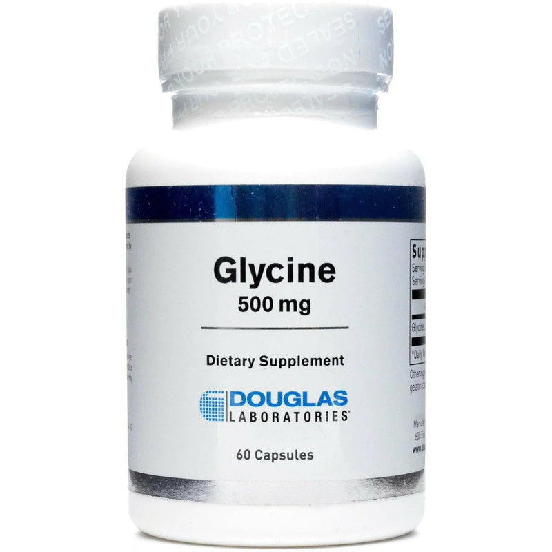 An image of a supplement in a blue and white bottle called Glycine by Douglas Labs