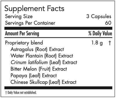 Text describing the ingredients including, Astragalus extract, Water Plantain extract, Crinum Latifolium extract, Bitter Melon extract, Papaya extract and Chinese skullcap extract.,