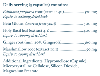 Text listing the ingredients including, Echinacea purpurea, Beta Glucan, Holy Basil, Ginger, Marshmellow root.