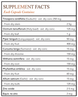 Text listing the ingredients including Tinospora cordifolia, Guduchi, Ocimum tenuiflorum, Holy Basil, Piper longum, Long pepper, Curcuma longa, Tumeric, curcumin, Withania somnifera, Phyllanthus emblica, Allium sativum, Garlic, Zinc oxide