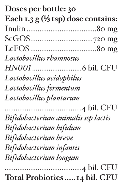 Text listing the ingredients including Inulin, ScGOS, LcFOS, Lactobacillus rhamnosus, HN001, Lactobacillus acidophilus, Lactobacillus fermentum, Lactobacillus plantarum, Bifidobacterium animalis ssp lactis, Bifidobacterium bifidum, Bifidobacterium breve, Bifidobacterium infantis, Bifidobacterium longum.
