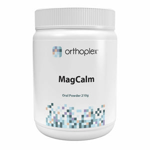 A Supplement container with the name Mag Calm by Orthoplex White.