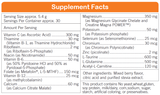 Text listing the ingredients. including Vitamin C, Thiamine, Riboflavin, Niacin b6, Folate, Vitamin b12, Calcium, Magnesium, Potassium, Selenium, Chromium, Zinc , Taurine, Glutatime, Carnitine.