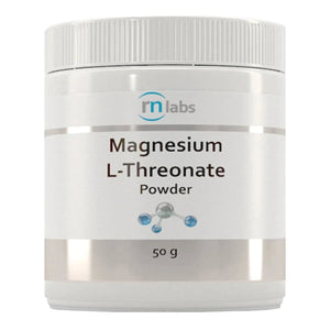 Image of a white suppelemnt bottle that says RN labs Magnesium L-Threonate Powder 50g 