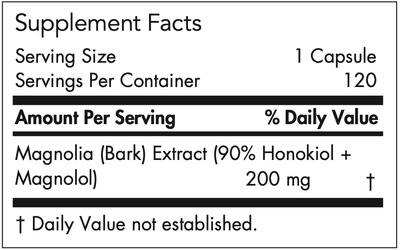 Text listing the ingredients including Magnolia Bark Extract (90% Honokiol + Magnolol 200mg)
