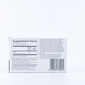 The back of the box listing the ingredients including Mitoquinol mesylate