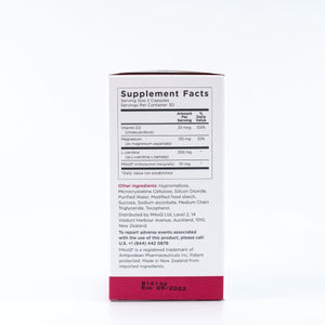 The box of the box listing the ingredients vitamin D3, Magniesum aspartate, L-carnitine, L-tartrate, Mitoquinol Mesylate
